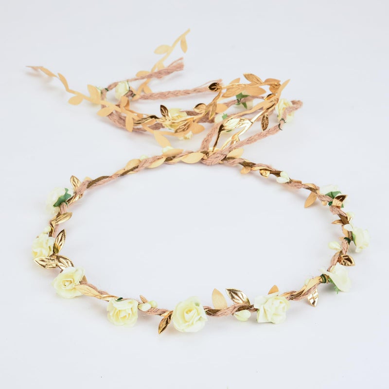 DDazzling Flower Crown Floral Wreath Headband Floral Garland Headbands Photo Props,Rose Flower Crown Kit, 3 Piece (Ivory and Gold) - Image 5